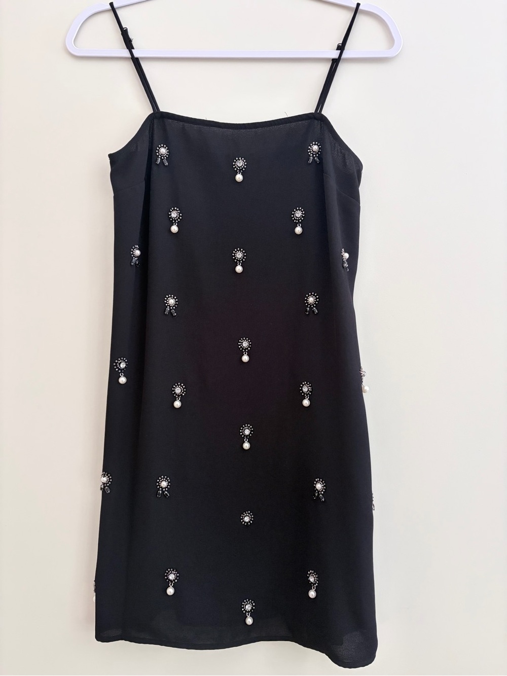 H&M Black Mini Slip Dress with Pearl & Crystal Embellishments